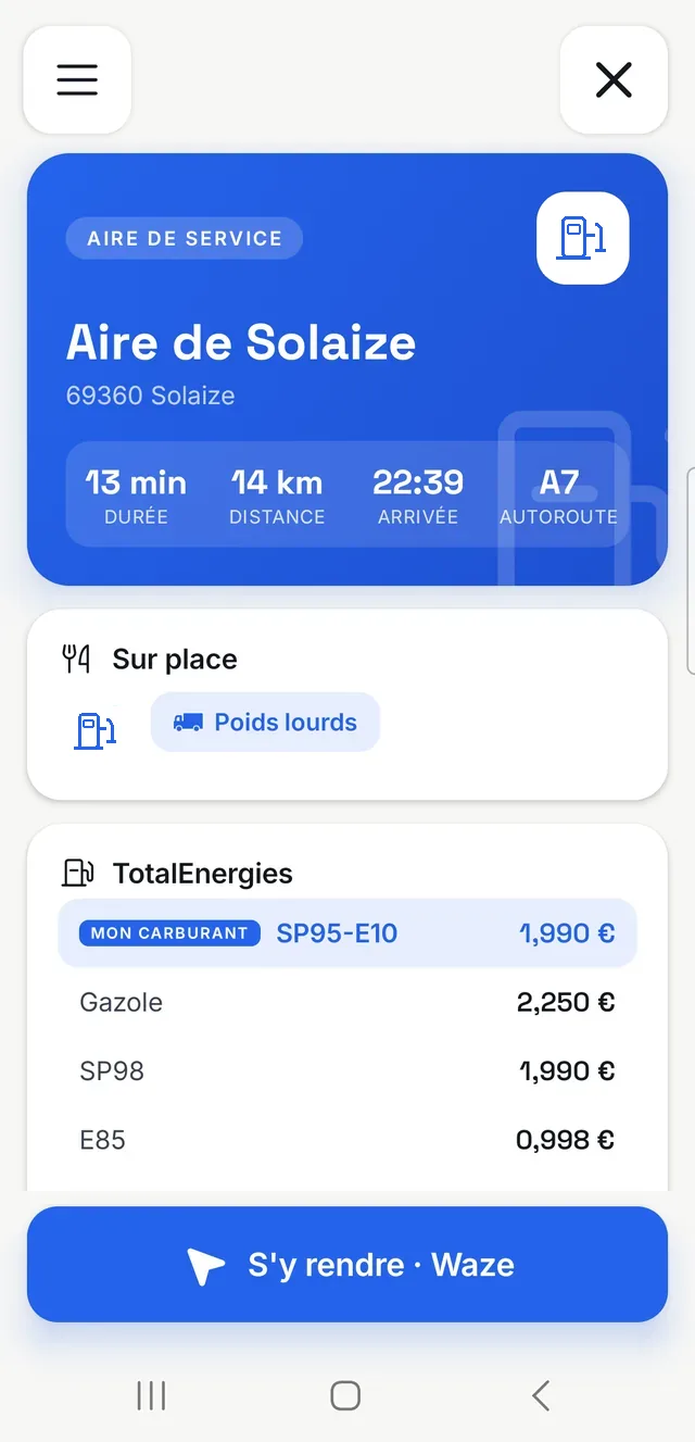 La fiche d'une aire de service, avec ses services et tous ses prix